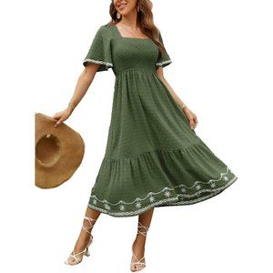 Women's Short Sleeve Smocked Square Neck A Line Summer Flowy Maxi Long Dress